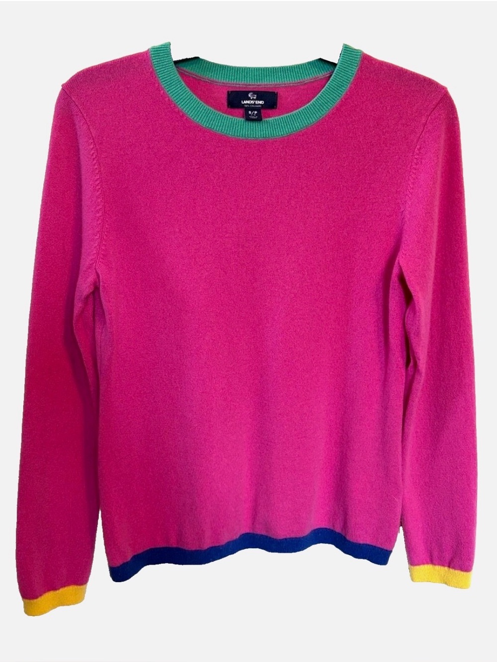 Lands End 100% Cashmere Colorblock Sweater Pink Blue Green Yellow Small